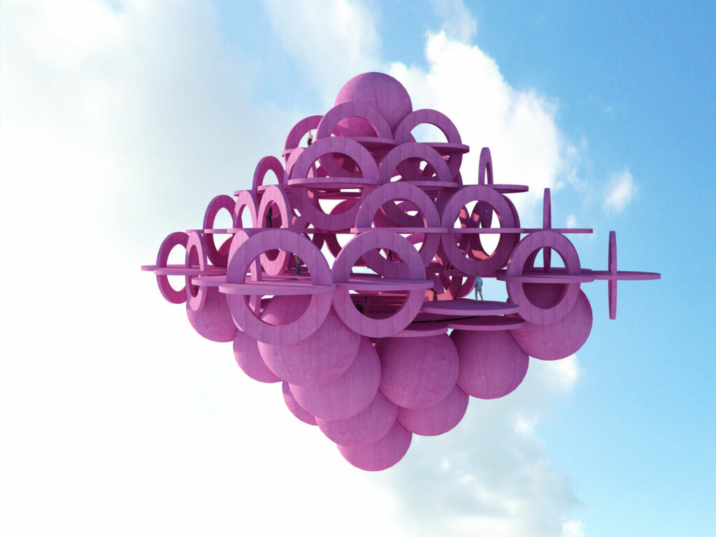 MAD Awards Winner The Meeting Place by Benny Or Studio is a floating purple bubble-like structure