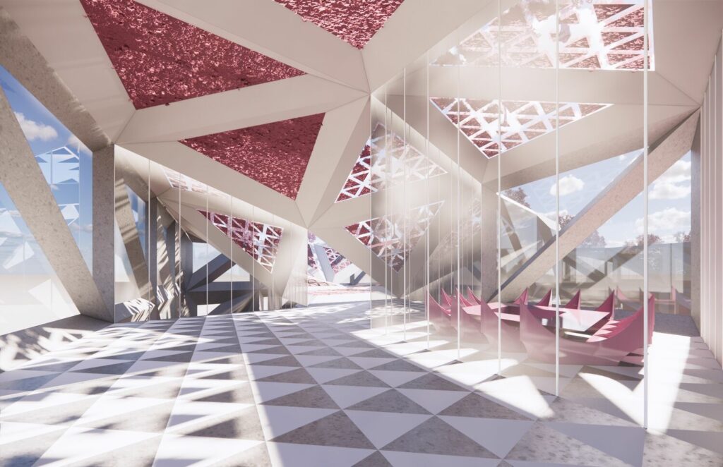 Paxton metaverse space by HWKN Architecture with pink ceilings and gray and white patterned floor