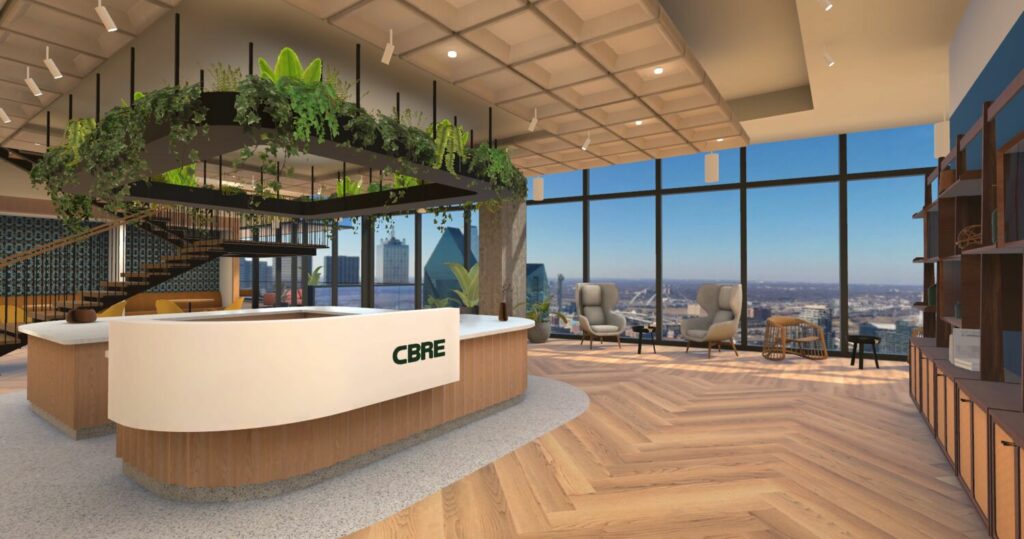 CBRE Dallas virtual front desk with greenery in metaverse