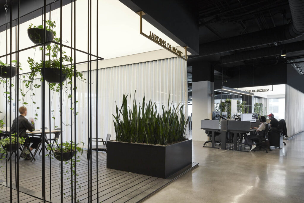 a coworking zone flanked by greenery in the Montreal 2K office