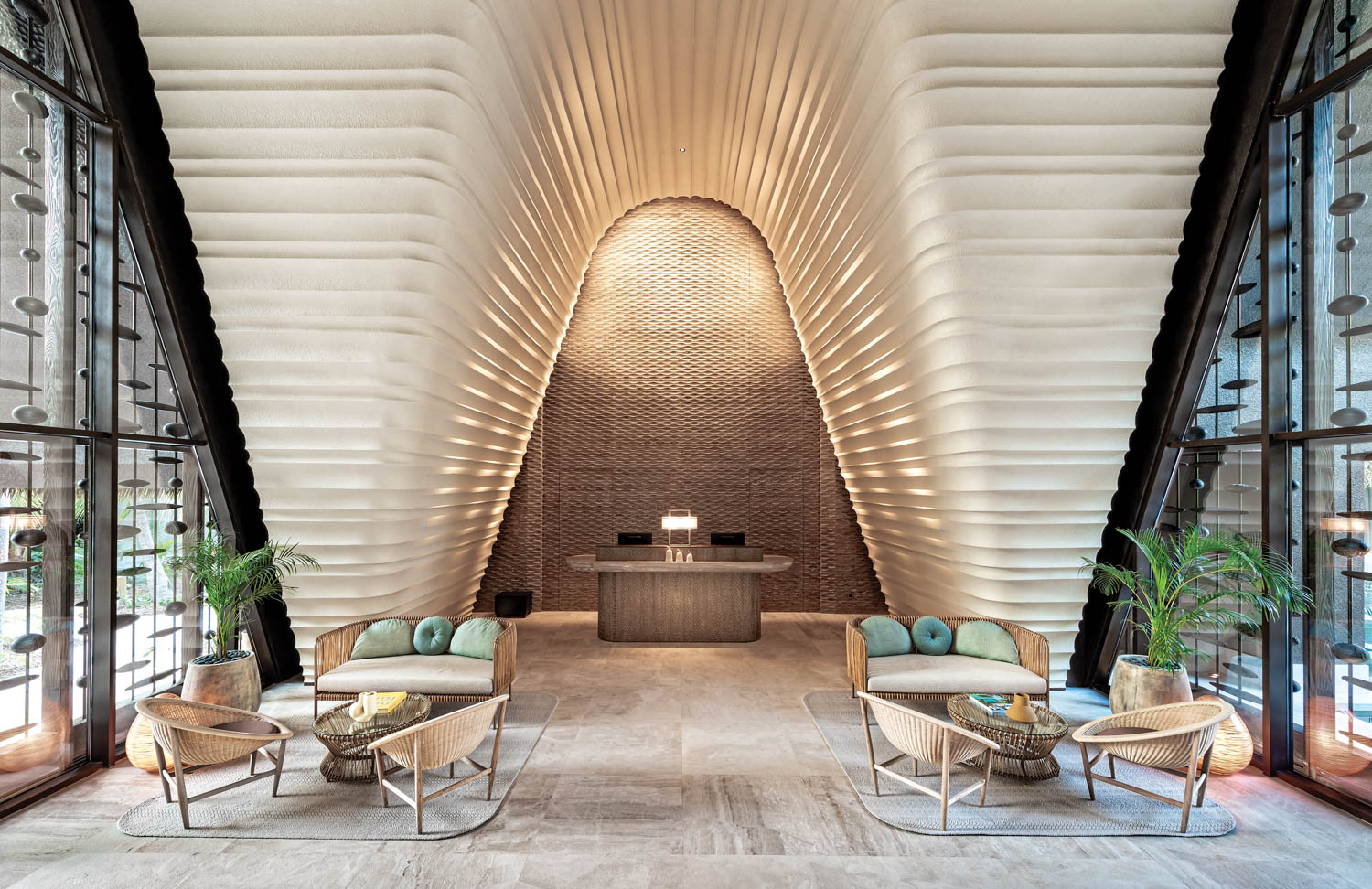 the lobby of a boutique hotel in the Maldives
