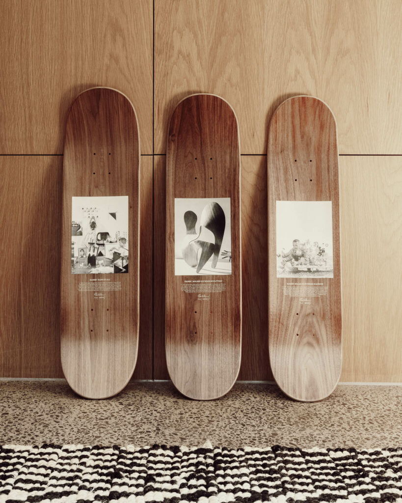Eames Office x Globe skateboards with archival images and captions on the front