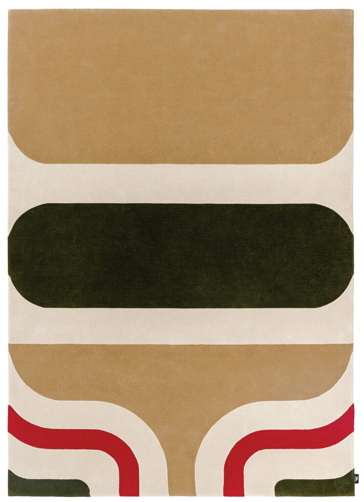 a rug with an abstract pattern of various shapes in cream, yellow, brown and red