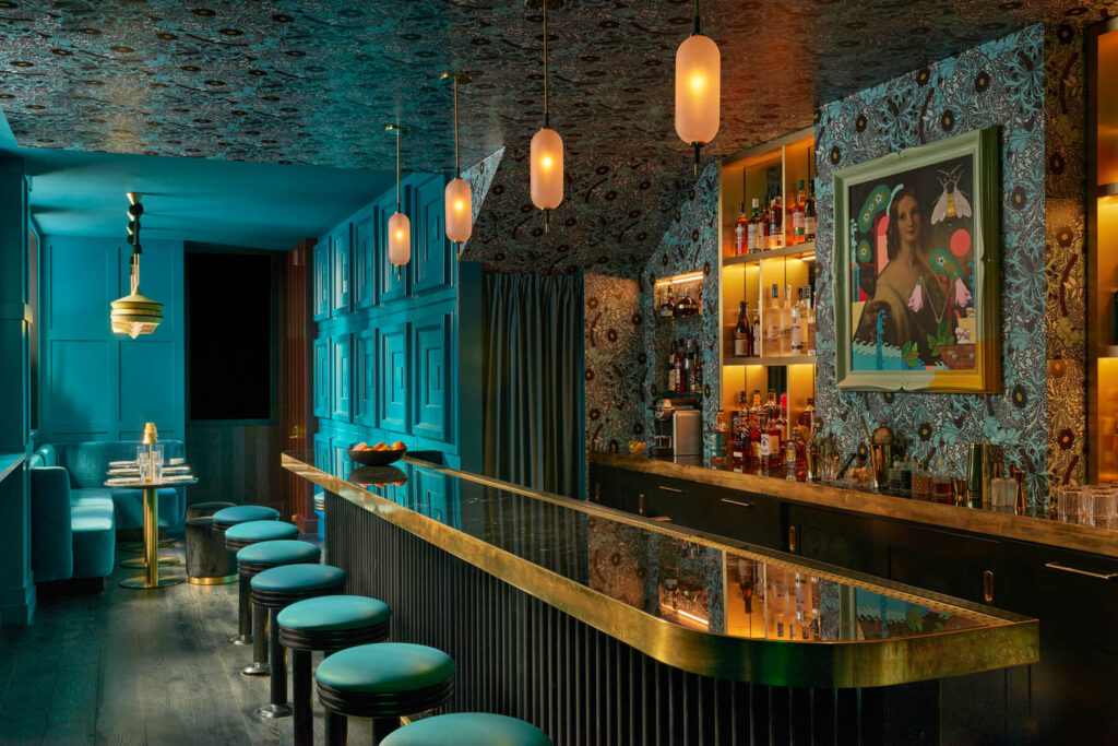 a teal maximalist cocktail bar in Philadelphia