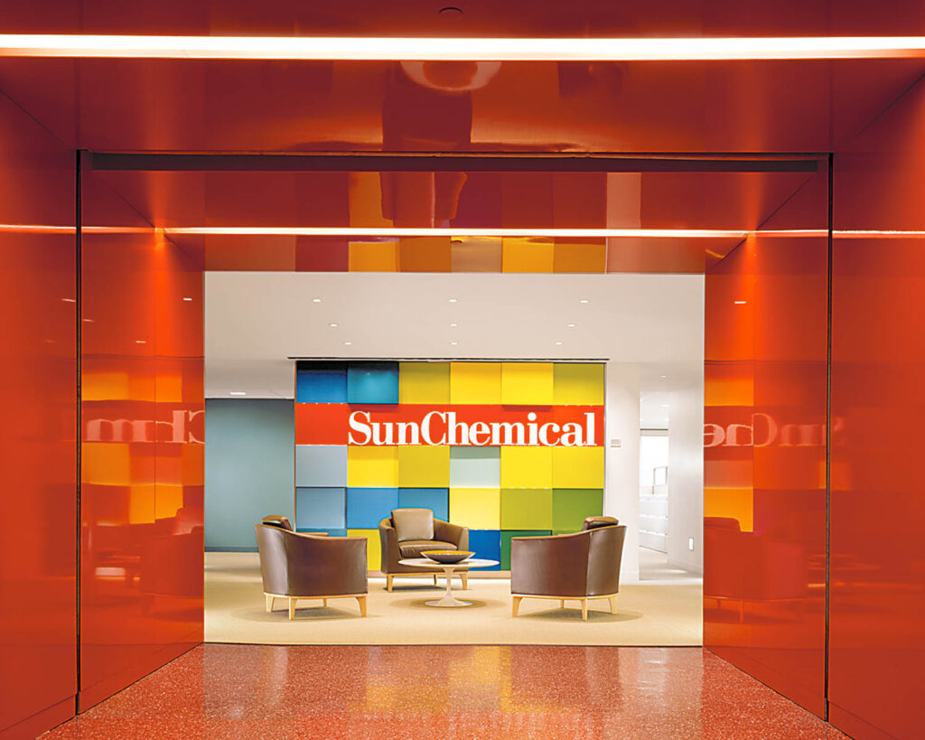 the red colorful entrance to Sun Chemical by Gensler