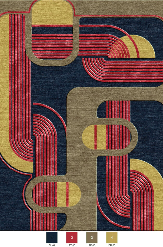 a rug with an abstract pattern of curving lines