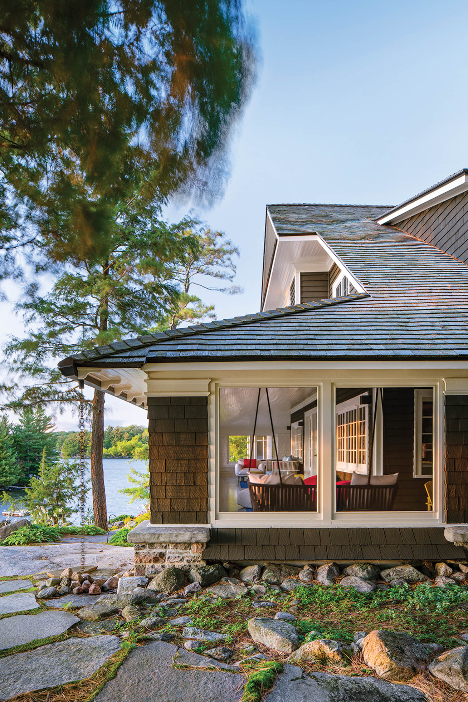 the exterior of a waterfront cottage in Ontario