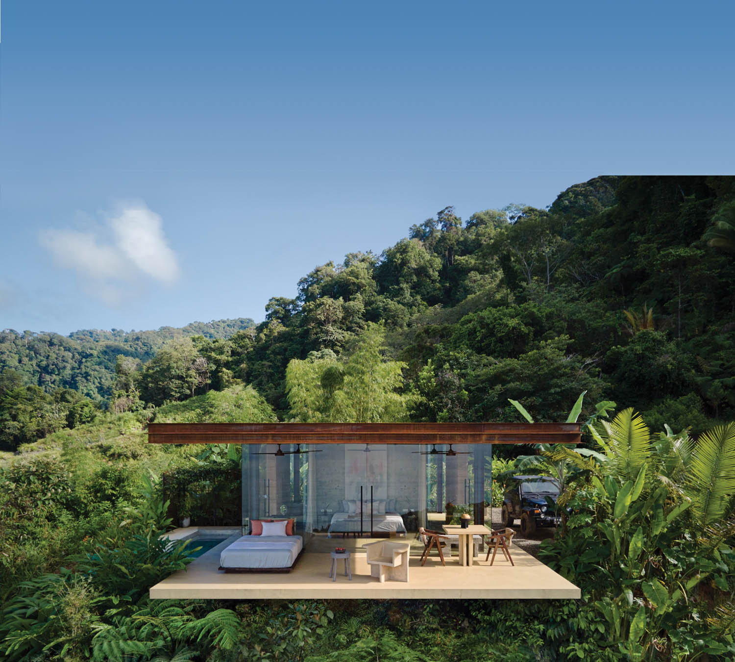 a rental villa jutting out from a steep jungle slope