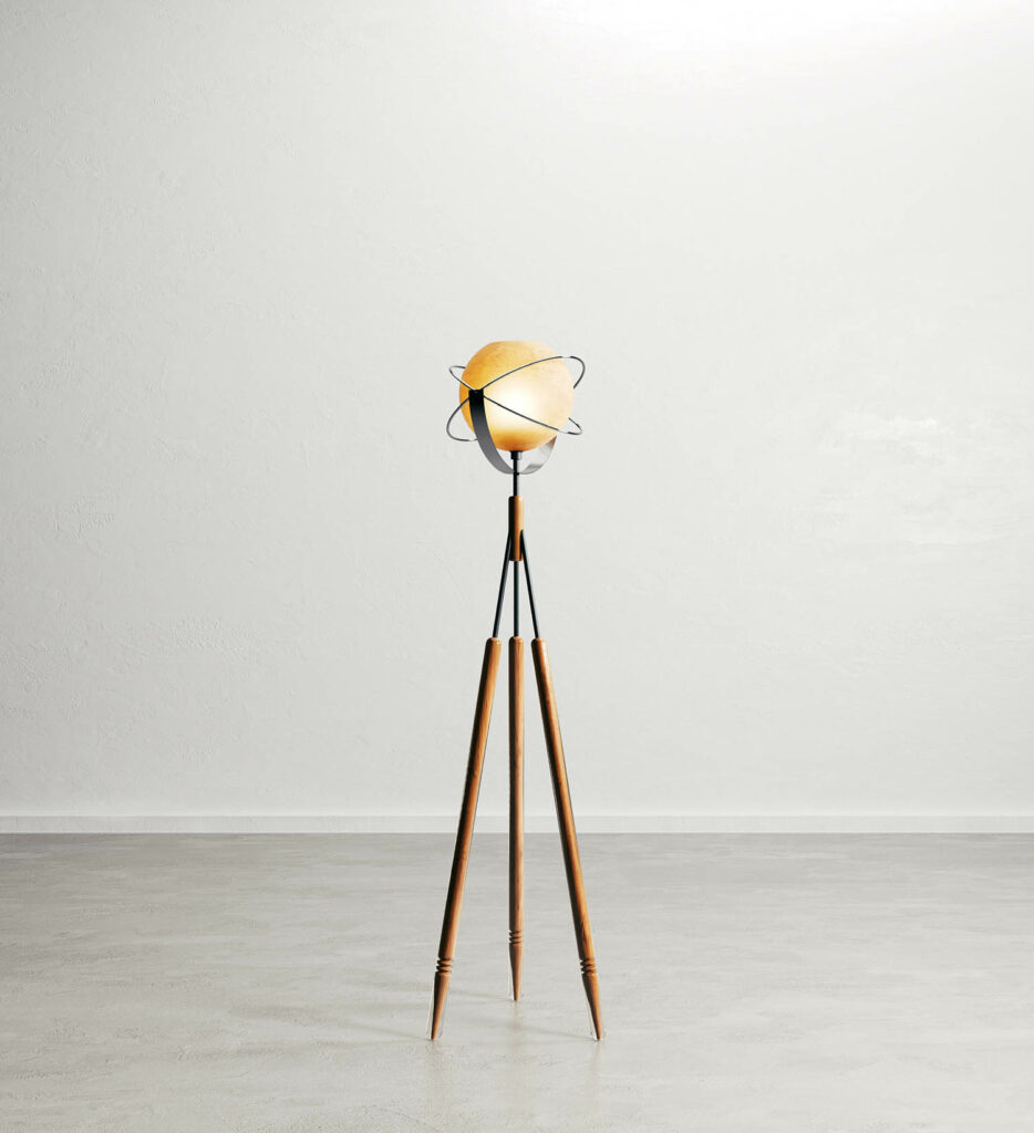 A floor lamp with a planet-like fixture