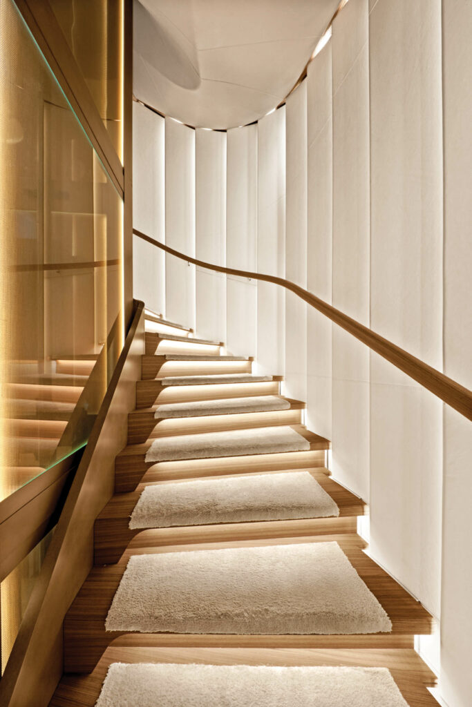 Silk carpet covering the main staircase in the Kenshō yacht