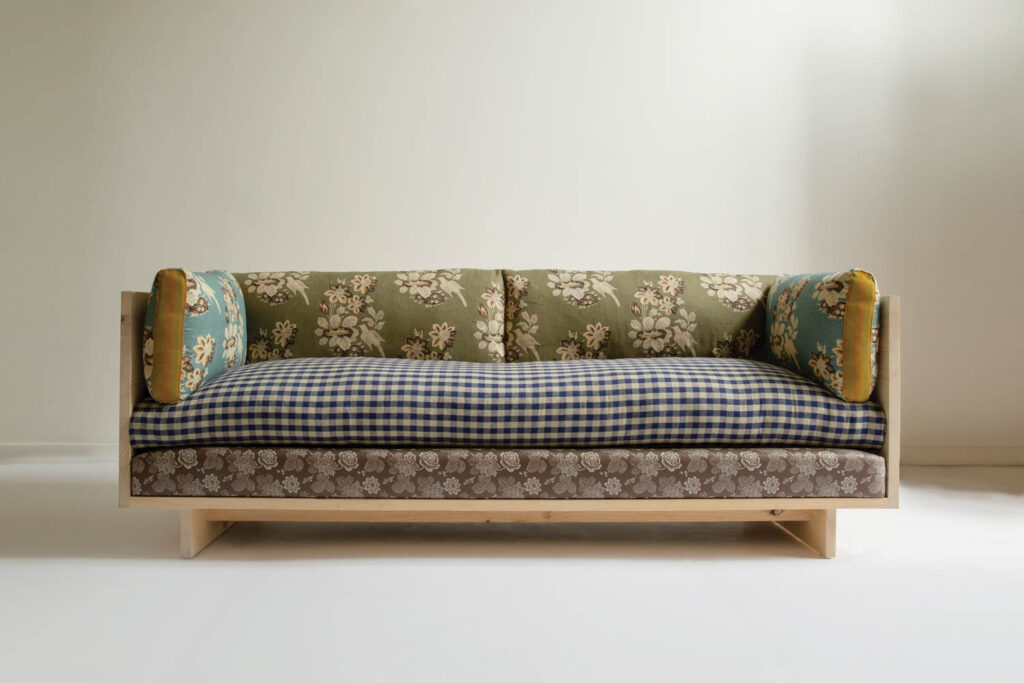a sofa covered with the Kalon x Reath Rugosa collection