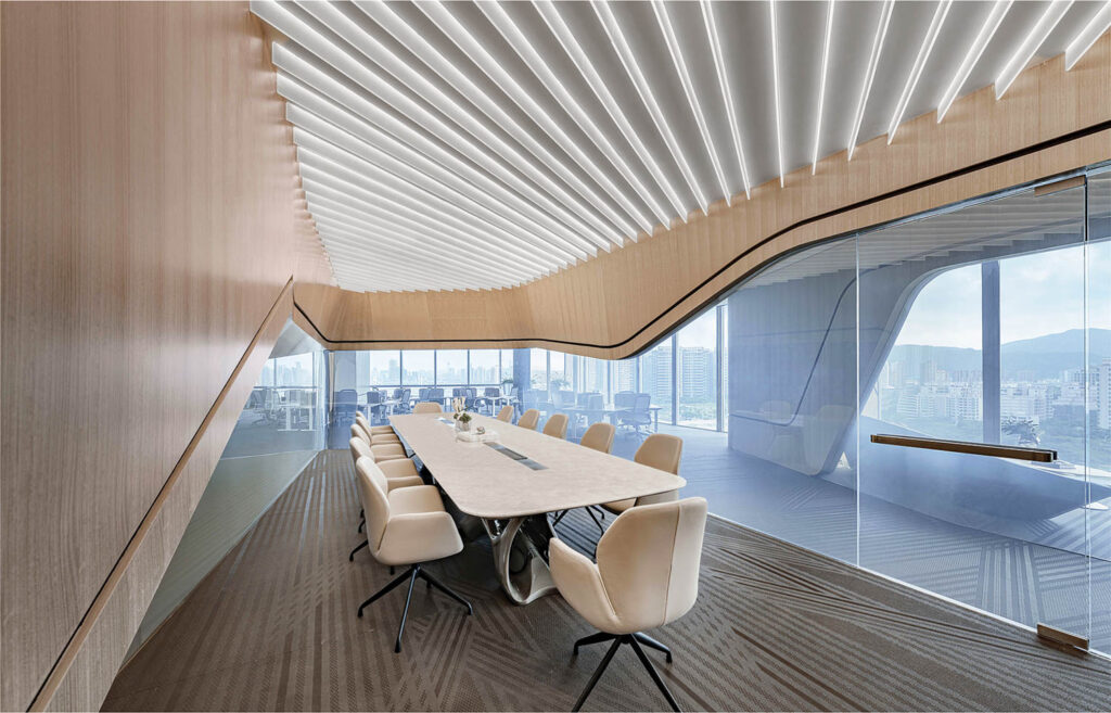 a conference room with sculptural ceiling