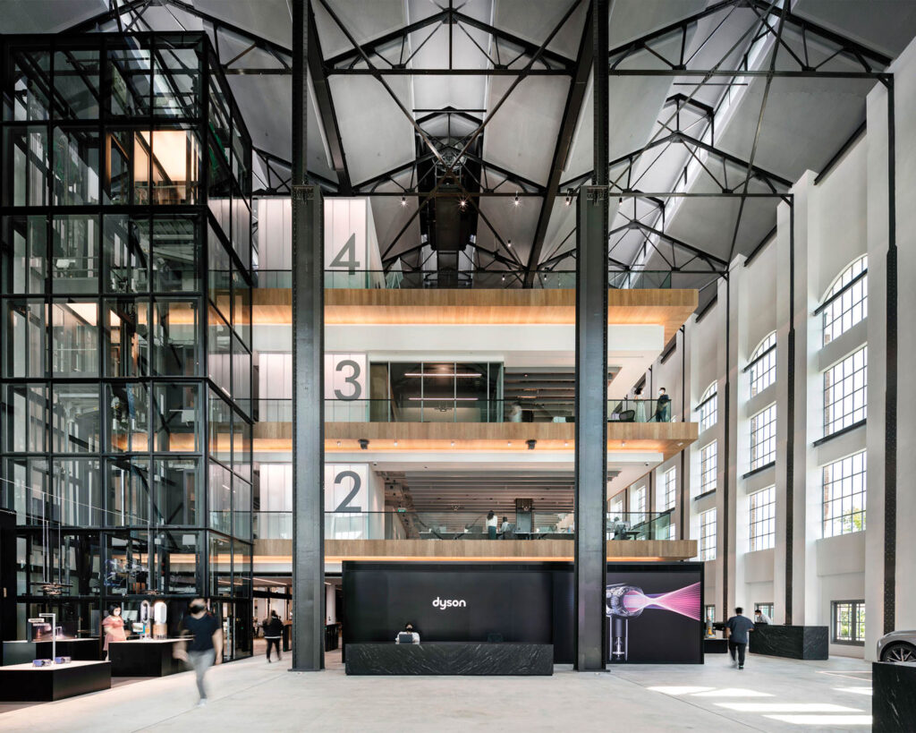 numbered levels are seen in black and grey industrial headquarters of Dyson in Singapore