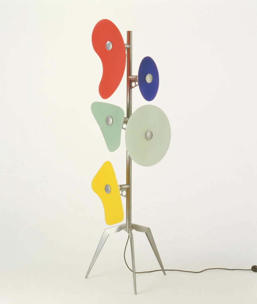 a floor lamp made of shapes in primary colors