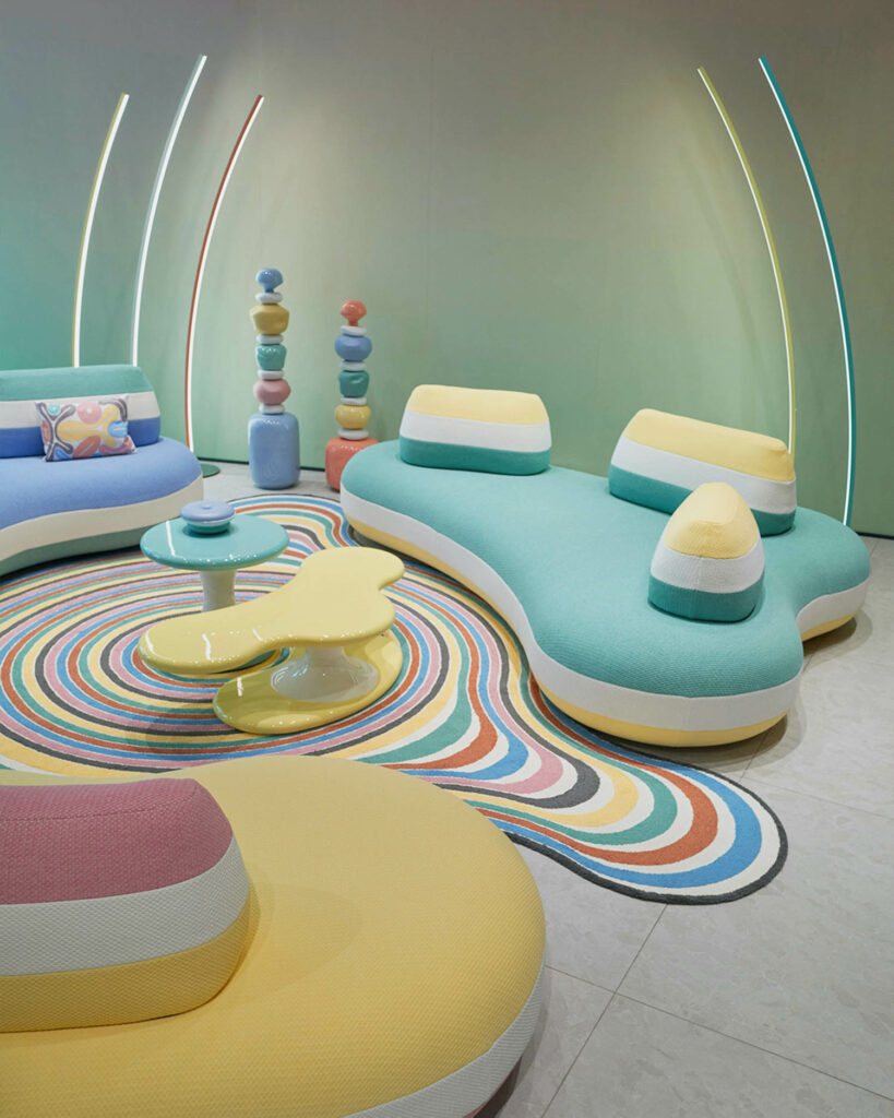 pastel-hued fabrics cover outdoor furniture by BomBom