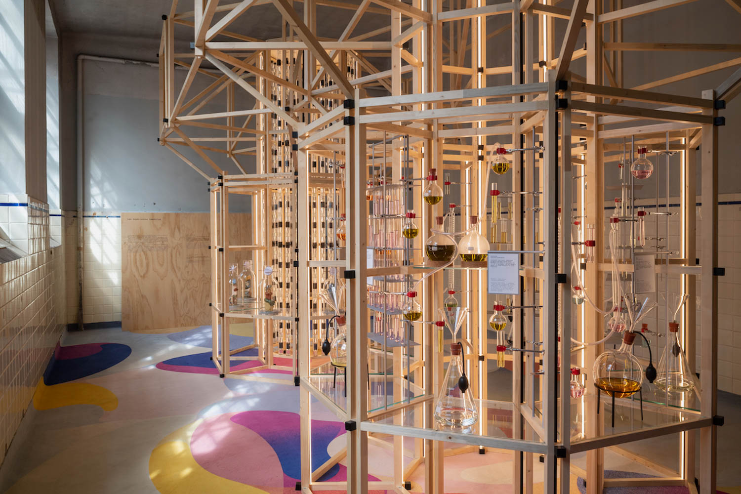 a glass and wood interactive scent laboratory