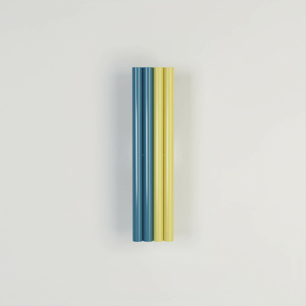 a wall lamp made of green and blue tubes