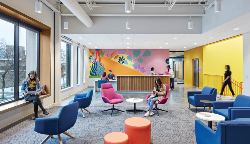 Colorful chairs and a wall mural brighten up Family Tree clinic