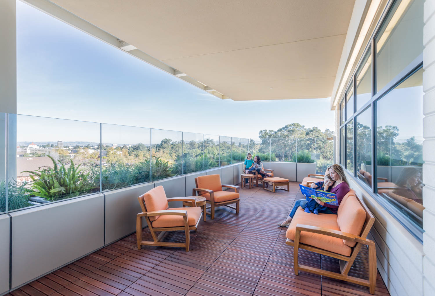 a balcony walkway at Lucile Packard Children's Hospital Stanford