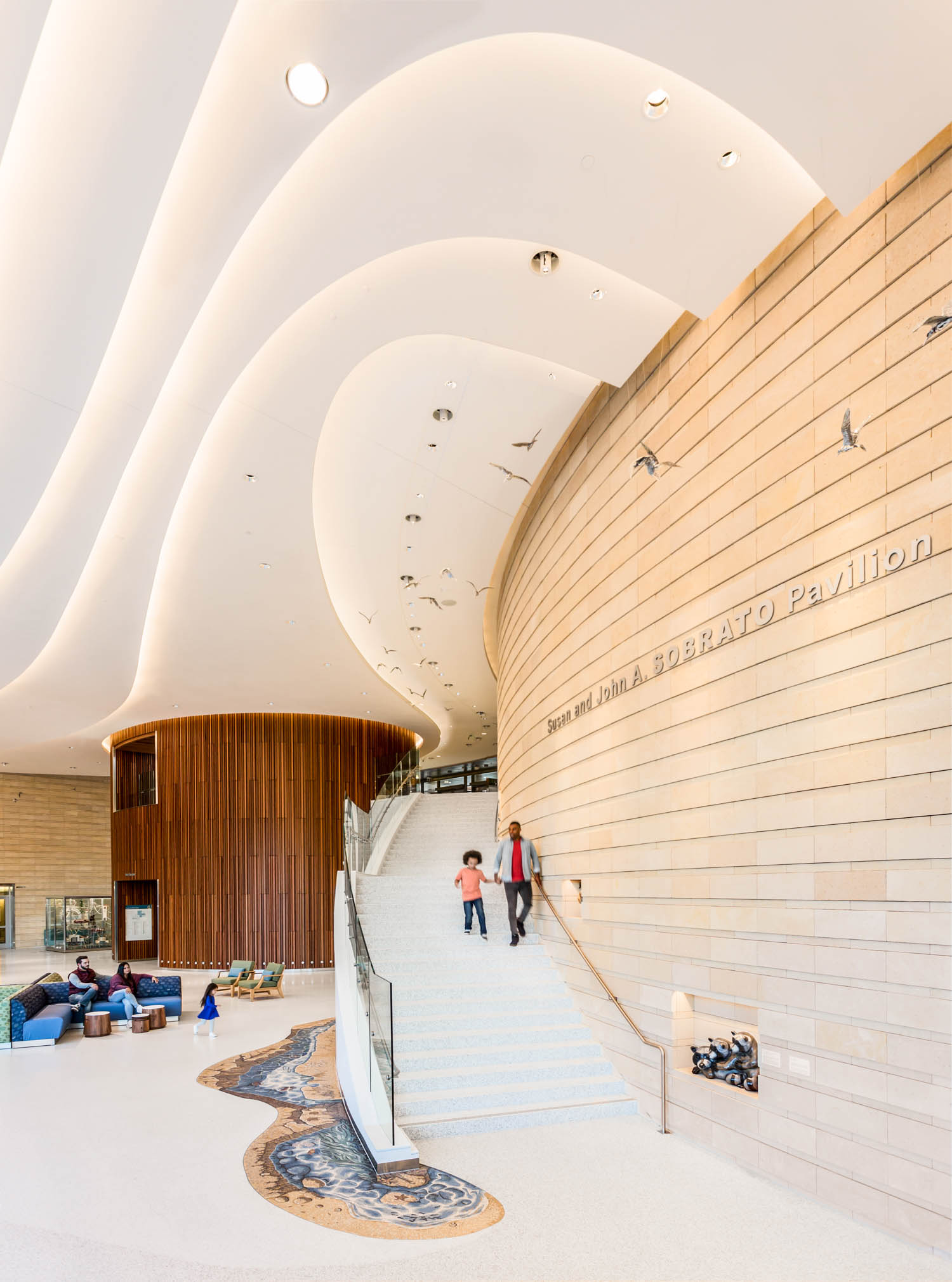 a staircase under an architectural ceiling at Lucile Packard Children's Hospital Stanford