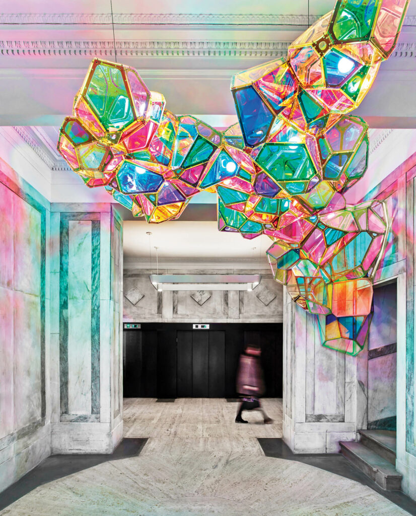 a colorful installation by SOFTlab in the lobby of the 21c Museum Hotel Lexington