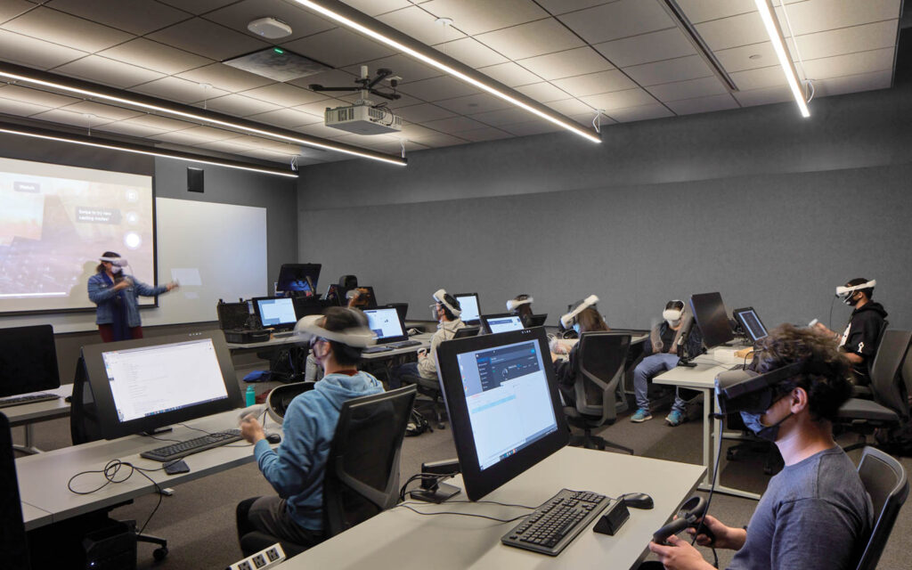students wear VR headsets in a classroom at Loyola Marymount University