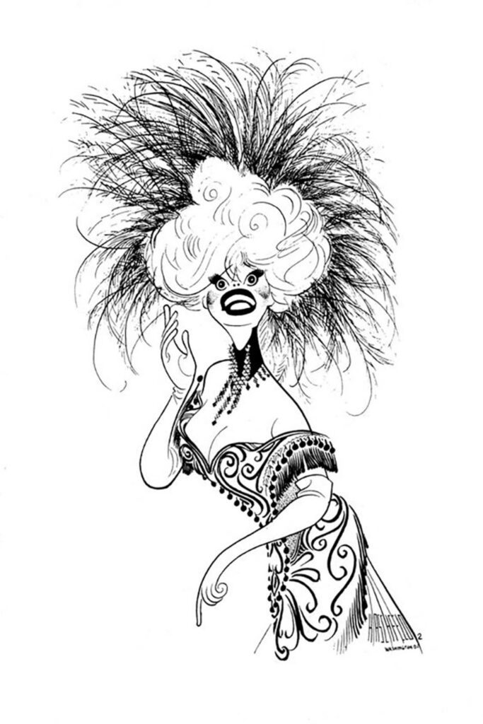 A 1964 caricature of Carol Channing in Hello, Dolly! by New Yorker cartoonist and Algonquin regular Al Hirschfeld.