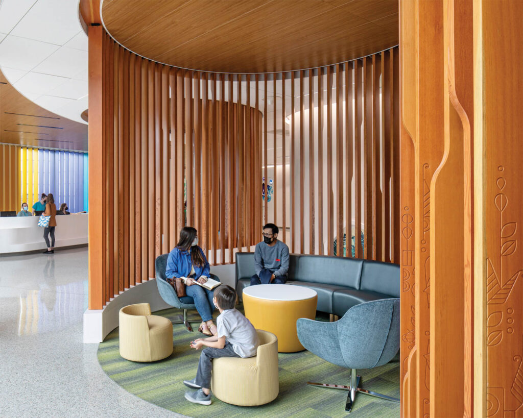 A seating nook in Children follow storybook wayfinding images in Building Care, Seattle Children’s.
