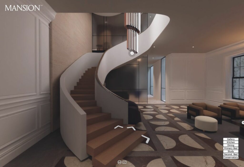 Mansion virtual showhouse by Mayo Studios features a spiral staircase with patterned floor